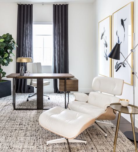 Home office design by Rebecca Ward Design | This contemporary office was inspired by the client's love for midcentury modern design and the zen design style. The white eames chair was the perfect addition! Zen Office Space, Modern Office Space Design, White Eames Chair, Zen Office, Lounge Chair And Ottoman, Modern Office Space, Zen Design, Office Space Design, Ottoman Design