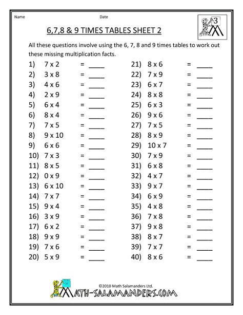 6 7 8 9 Multiplication Worksheets Maths Times Tables, Table Worksheet, Times Tables Worksheets, Math Multiplication Worksheets, Math Tables, 4th Grade Math Worksheets, 3rd Grade Math Worksheets, Math Sheets, Division Worksheets