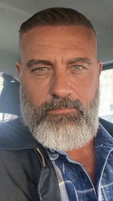 Bald Men With Grey Beards, Men Chest Hair, Men With Stubble, Grey Hair Beard, Bearded Tattooed Men Silver Foxes, Handlebar Mustache With Beard, Moustache Style, Guys Grooming, Beard And Mustache Styles