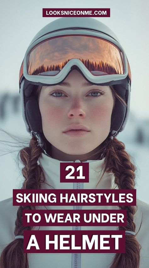 Discover the best 21 hairstyles for skiing that fit perfectly under your helmet! Whether you prefer a low bun, fishtail braid, or chic ponytail, these hairstyles are designed to keep you looking sharp and feeling comfortable throughout your ski day. Ideal for both performance and style! Braids To Wear Under Helmet, Hair Under Helmet Hairstyles, Short Hair Ski Hairstyles, Ski Day Spirit Week, Cute Skiing Hairstyles With Helmet, Ski Braids Hair, Cute Ski Hairstyles, Under Helmet Hairstyles, Ski Hair Styles