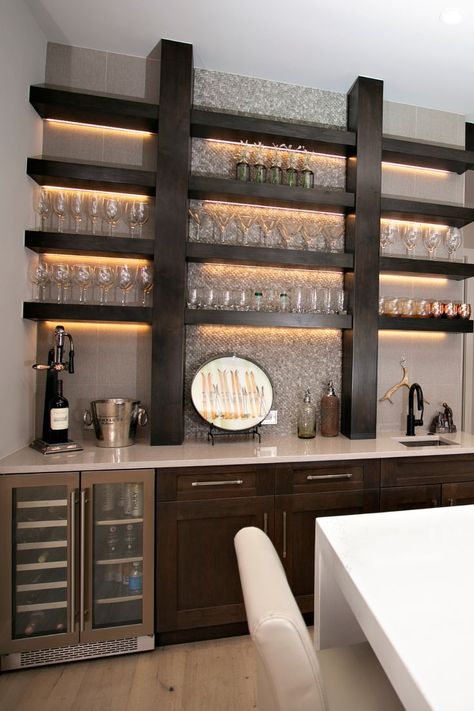 Back Bars Shelving, Inside Bars Ideas, Wet Bar Area In Home, Bar In Wall Niche, Contemporary Bars For Home, Tiled Bar Wall, Walk Through Bar Areas, U Shaped Wet Bar Basement, Wet Bar Next To Kitchen