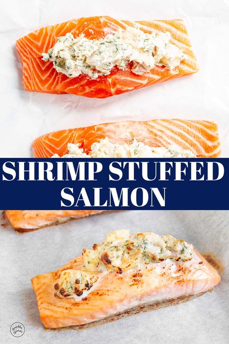 This creamy Shrimp Stuffed Salmon is both elegant and delicious. The combined seafood creates an indulgent restaurant-style meal that is perfect for a special occasion but easy enough for a midweek dinner. The shrimp are mixed with cream cheese, seasonings, and herbs, stuffed into salmon fillets, and then baked to perfection. Serve with some salad and potatoes for a delicious meal. With this simple recipe, you can create this restaurant-quality dish easily at home. Shrimp Stuffed Salmon, Stuffed Salmon Recipe, Oven Roasted Shrimp, Shrimp Stuffed, Stuffed Salmon, Creamy Shrimp, Roasted Shrimp, Shrimp Salad, Salmon Fillets