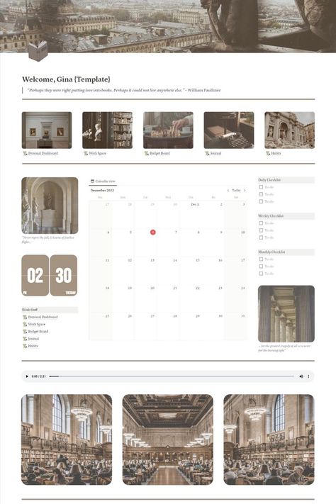Notion Homepage Ideas Dark Academia, Notion Dashboard Aesthetic Simple, Bookish Notion Template, Notion Template Ideas Light Academia, Vintage Notion Template, Pc Themes Ideas, Notion Aestethic Template, Notion Academia Aesthetic, Notion Template Ideas Aesthetic For Students Dark
