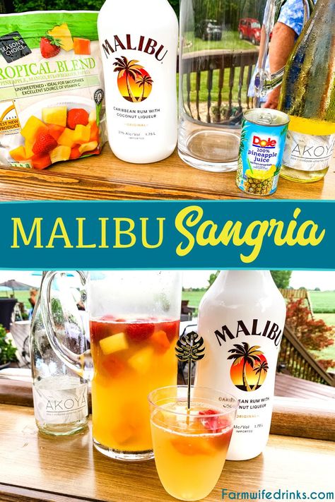 Pineapple Juice Coconut Rum Drinks, Malibu And Pineapple Drinks, Summer Malibu Drinks, Fun Drinks With Malibu, Wine Fruit Drink, Malibu Sangria Recipes, Coconut Rum Sangria, Jungle Juice Recipe With Malibu, Bacardi Pineapple Rum Drinks