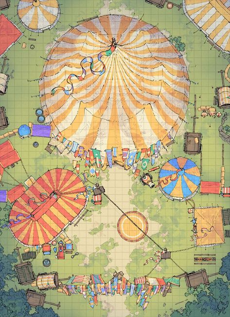 Top-Down Circus Tent / Witchlight Carnival Battle Map Circus Battle Map Dnd, Ravenloft Carnival, Carnival Battlemap, Circus Tent Interior, Witchlight Carnival Dnd, Dnd Carnival Map, Dnd Festival Map, Circus Battlemap, Fantasy Carnival Art