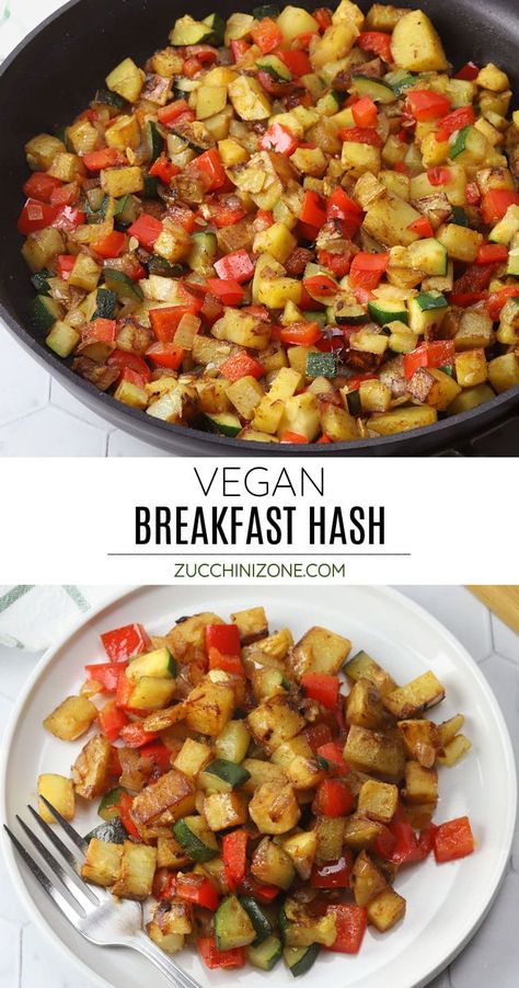 Vegan breakfast hash recipe by Zucchini Zone. This vegan breakfast hash is the perfect way to start your day. It's filled with nutritious vegetables like zucchini, onion, bell pepper, and potatoes, plus plenty of savory spices. #vegan #breakfasthash #breakfast #vegetables #hashbrowns #potatoes #zucchini #bellpepper #breakfastvegetables #recipe Burrito Vegan, Wallpaper Food, Sautéed Mushrooms, Hash Recipe, Apple Recipes Easy, Breakfast Hash, Tofu Scramble, Healthy Ingredients, Crispy Potatoes