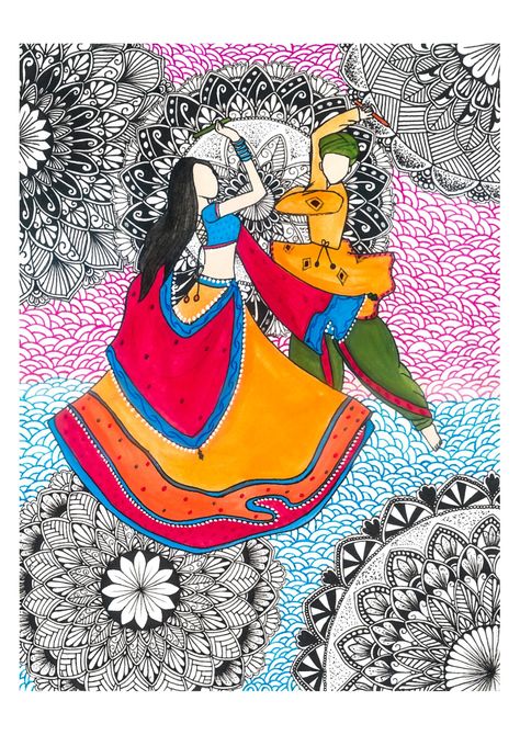 Mandala art painting with Navratri theme Navratri Garba Mandala Art, Navratri Doodle Art, Navratri Special Mandala Art, Mandala Art For Navratri, Navratri Mandala Art, Navratri Drawing Sketch, Garba Painting, Navratri Garba Photo, Navratri Painting Ideas