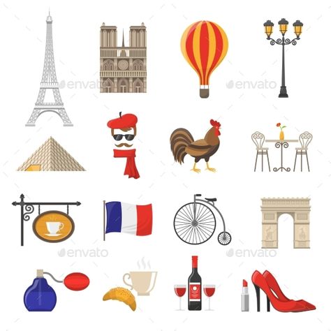 Paris Icons, Eiffel Tower Silhouette, About France, French Icons, Flat Icons Set, Coffee Poster, Paris Design, Famous Landmarks, Doodle Sketch