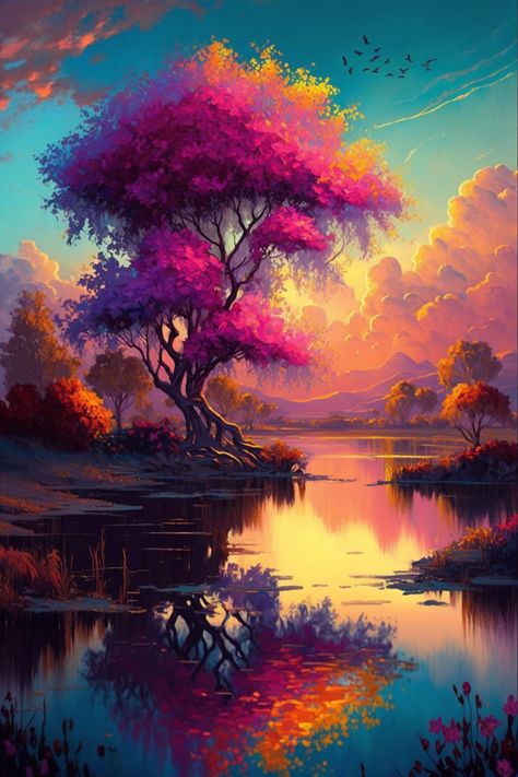 Immerse yourself in this enchanting scene featuring a tranquil lake, a towering pink tree, and distant majestic mountains. Revel in the ethereal clouds, adorned with a vivid rainbow color palette, as they gracefully embrace the calm landscape. Find solace in nature's beauty. Cool Nature Paintings, Colorful Scenery, Majestic Paintings, Pink Artwork Aesthetic, Fantasy Landscape Art Nature, Colourful Landscape, Rainbow Landscape, Colourful Tree Painting, Fantasy Sunset Art