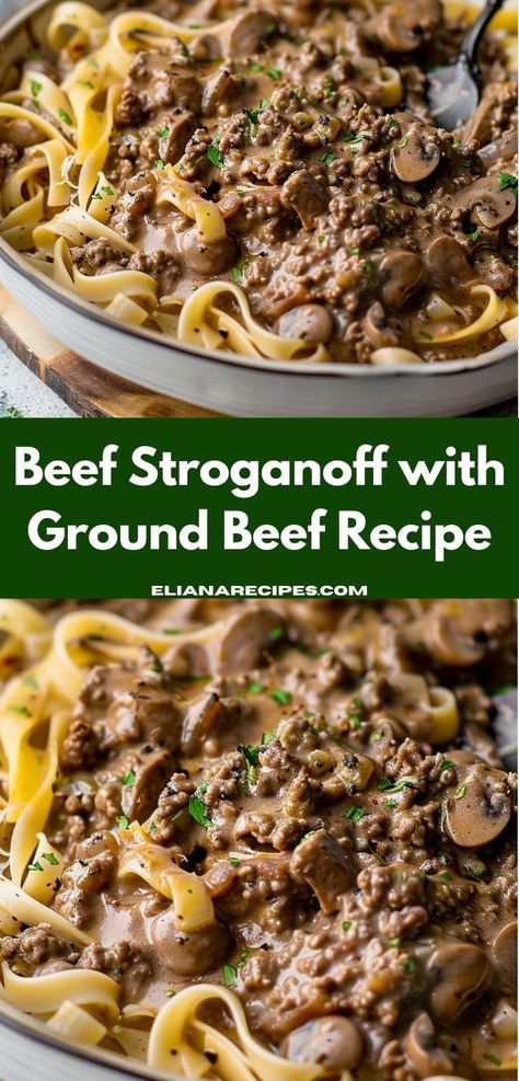 What’s a simple ground beef recipe for dinner? Try our Beef Stroganoff With Ground Beef Recipe! It’s one of the best ground beef recipes for dinner, offering delicious and easy dinner recipes for family. Beef Stroganoff Hamburger, Beef Stroganoff With Ground Beef, Stroganoff With Ground Beef, Hamburger Beef Stroganoff, Easy Ground Beef Stroganoff, Pan Dishes, Beef Stroganoff Easy, Ground Beef Recipe, Ground Beef Stroganoff