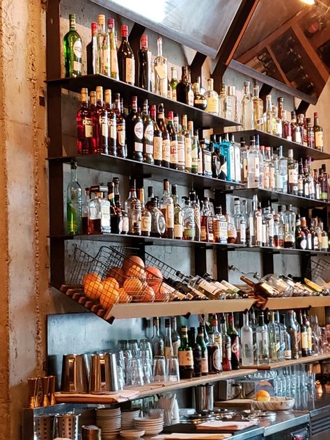 Bar Shelf Ideas Restaurant, Industrial Bar Shelving, Amazing Bar Design, Back Bar Shelving Design, Wine And Tapas Bar, Backbar Shelving, Back Bar Ideas, Brass Bar Shelves, Bar Shelves Ideas