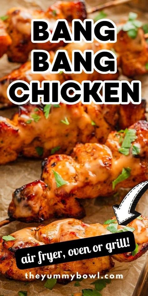 Juicy chunks of chicken on skewers, generously smothered in sweet and tangy bang bang sauce, cooked to tender, caramelized perfection. Enjoy it as a satisfying entrée or share it as a party snack, these Bang Bang Chicken Skewers taste incredible! Air Fryer, Oven or Grilled! Band Bang Chicken Skewers, Good Grilled Chicken Recipes, Chicken Recipes For Grill, Grill Chicken Skewers, Easy Chicken Bbq Recipes, Campfire Chicken Recipes, Grilling Ideas For Dinner Chicken, Chicken Dinner Recipes Summer, Kristin Cavallari Bang Bang Chicken