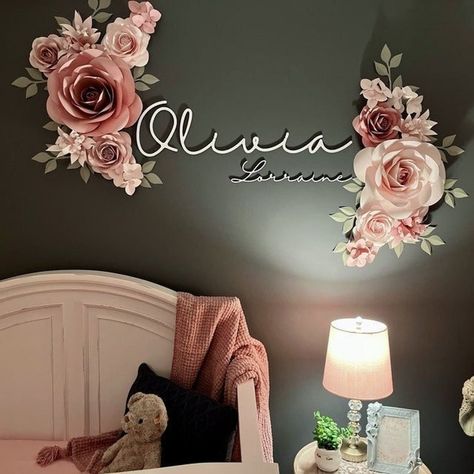 Paper Flowers Wall Decor, Wall Decor Paper, Paper Flowers Wall, Rose Nursery, Flowers Wall Decor, Name Wall Decor, Baby Room Themes, Paper Flower Wall Decor