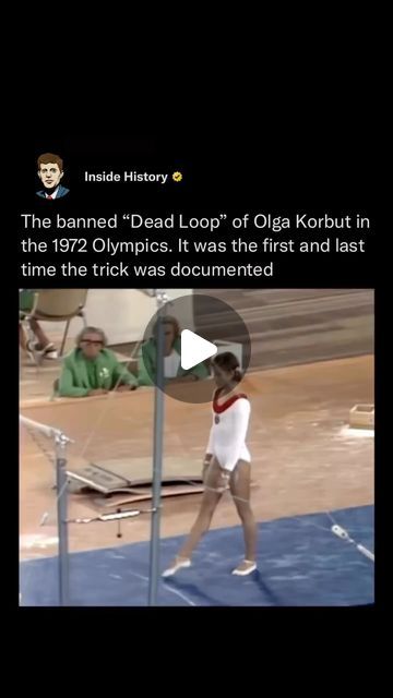 Inside History on Instagram: "This deadly backflip, Dead Loop, is one of the most life-threatening tricks and its also known as the Korbut Flip because it was first performed by Belarusian gymnast Olga Korbut in 1972 at the Munich Olympics. However, the trick was only documented once and was banned in 1972 due to its dangerous nature 😲🤸‍♀️ She gained a 9.8/10 by standing on a high bar and performing a backflip before gripping the bar again. Korbut has forever etched her name in gymnastics history for the finesse she flaunted while performing the Dead Loop. Like our content? Follow us 👉🏼 @insidehistory (Via: @olympics)" Nature, Munich, Olga Korbut Gymnastics, Olga Korbut, Famous Gymnasts, Gymnastics History, 1972 Olympics, Gymnast, The Bar