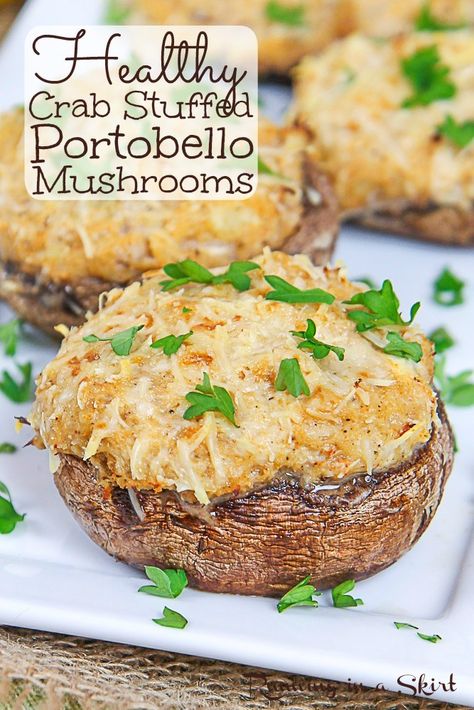 Healthy Crab Stuffed Portobello Mushrooms recipe - an easy and amazing stuffed mushroom recipe made with lump crab meat (can use fresh OR canned) with cream cheese, parmesan cheese, and greek yogurt. Makes an elegant meal or healthy appetizer. Healthy swaps and no bread crumbs make this recipe clean eating, low carb and low calorie. Keto friendly. Pescatarian. / Running in a Skirt #pescatarian #lowcarb #keto #lowcalorie #healthy #stuffedmushroom #recipe Filled Portobello Mushrooms, Healthy Dinners No Carb, Meals With Lump Crab Meat, Pescatarian Recipes Low Calorie, Pescatarian Dinner Ideas Vegetarian Meal, Low Carb Meals Pescatarian, Pescatarian No Carb Recipes, Crab Meat Stuffed Mushrooms, Healthy Crab Meat Recipes