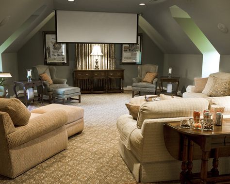 Bonus Room Design, Pictures, Remodel, Decor and Ideas - page 6 Attic Bonus Room, Bonus Room Decorating, Home Cinema Design, Bonus Room Design, Bonus Room Ideas, Room Above Garage, Media Room Design, Large Sectional Sofa, Attic Spaces