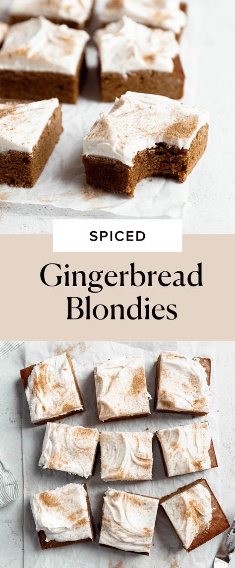 Easy Gingerbread Blondies Recipe | Broma Bakery Fall Blondies Recipe, Winter Flavors Desserts, Seasonal Baked Goods, Christmas Blondies, Gingerbread Blondies, Blondies Bars, Fall Baked Goods, Blondies Recipes, Cookbook Inspiration