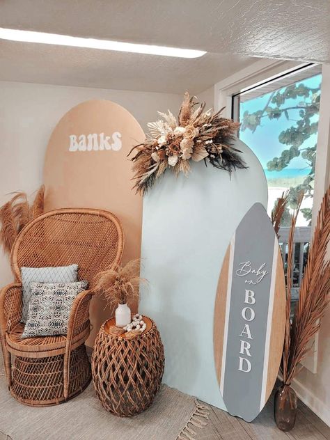 Baby on Board Baby Shower | CatchMyParty.com Baby On Board Decorations, Baby Shower Pool Decorations, Baby On Board Centerpieces, Surfing Baby Shower Ideas, Surfer Girl Baby Shower Ideas, Baby On Board Baby Shower Ideas Girl, Surfer Boy Baby Shower Ideas, Beachy Baby Shower Ideas, Beach Baby Shower Ideas