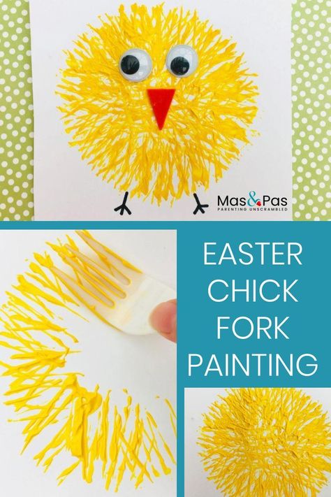 Make these fab Easter chicks using a fork and some paints! Fork painting is one of the quickest and funnest way to get painting with toddlers. This craft will make you a beautiful painting of a little chick which kids will love to look at it and enjoy it in the spring time. | Easter Crafts for Kids   #painting #kidsactivity #funactivity #easter #eastercraft Painting With Toddlers, Fork Painting, Påskeaktiviteter For Barn, Fork Crafts, Easter Crafts Preschool, Easter Crafts For Toddlers, Toddler Painting, Easter Preschool, Easy Easter Crafts