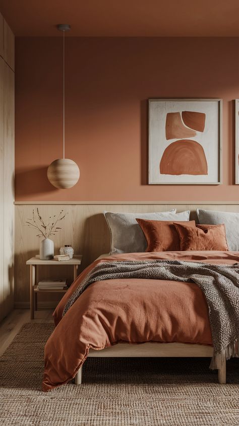 22 Trending Bedroom Ideas 2025: Cozy, Aesthetic, and Primary Design Trends for Small Rooms Ocre Color Palette Bedroom, Relaxing Colorful Bedroom, Bedroom Burnt Orange Accents, Earthy Decor Bedroom, Brown Orange Bedroom, Orange Wall Bedroom, Light Orange Room, Burnt Orange Room Decor, Light Orange Bedroom