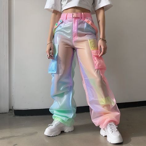 H.I.A. | Dolce Vita Cargo Pants Iridescent Aesthetic, Rainbow Stuff, First 48, Soft Kidcore, Fest Outfits, Space Cowboys, Funky Outfits, Looks Party, Weird Fashion