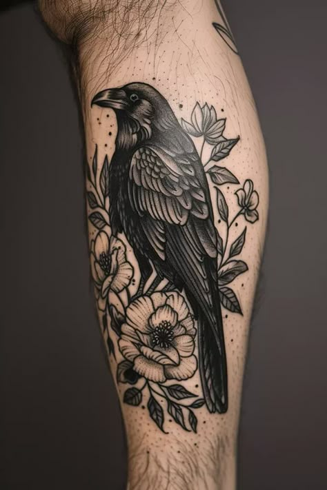 Intriguing Raven Tattoo Ideas with Deep Meanings Crow With Flowers Tattoo, Raven Leg Tattoo, Witchy Raven Tattoo, Raven Nevermore Tattoo, Western Gothic Tattoo, Dark Floral Tattoo Sleeve, Raven Forearm Tattoo, Raven Shoulder Tattoo, Raven Arm Tattoo