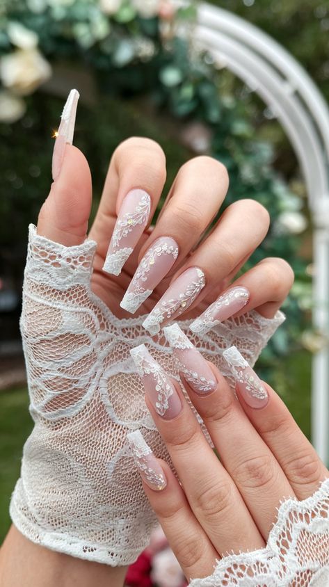 Whimsical Wedding Nail Designs for a Magical Touch Wedding Nails For Bride Long, Wedding Nails For Bride Coffin, Spring Wedding Nails, Lace Wedding Nails, Wedding Nail Designs, Soft Pink Nails, Nails For Bride, Lace Nails, Wedding Nail