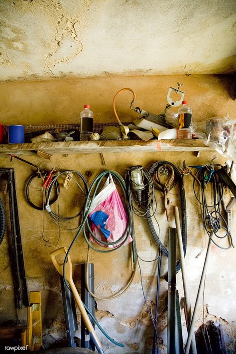 Messy garage wall with ropes and wires | free image by rawpixel.com Messy Garage, Great Bathrooms, Vintage Blanket, Garage Walls, Aura Colors, Tool Sheds, Vintage Wardrobe, Needlepoint Pillows, Design Sponge