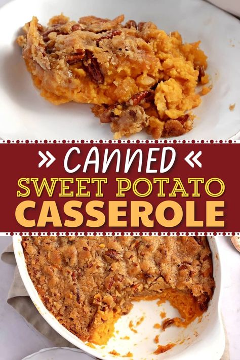 Canned sweet potato casserole is easy, comforting, and delicious! Learn how to make it and get tips so it comes out perfect. Sweet Potato Casserole From Can, Sweet Potatoe Casserole Recipes Using Canned Sweet Potatoes, Sweet Potato Casserole Made With Canned Sweet Potatoes, Sweet Potatoe Casserole Recipes With Canned Yams, Canned Yam Sweet Potato Casserole, Sweet Potato Casserole Canned Potatoes, Easy Sweet Potato Casserole Using Canned Sweet Potatoes, Easy Canned Sweet Potato Casserole, Canned Sweet Potatoes Casserole