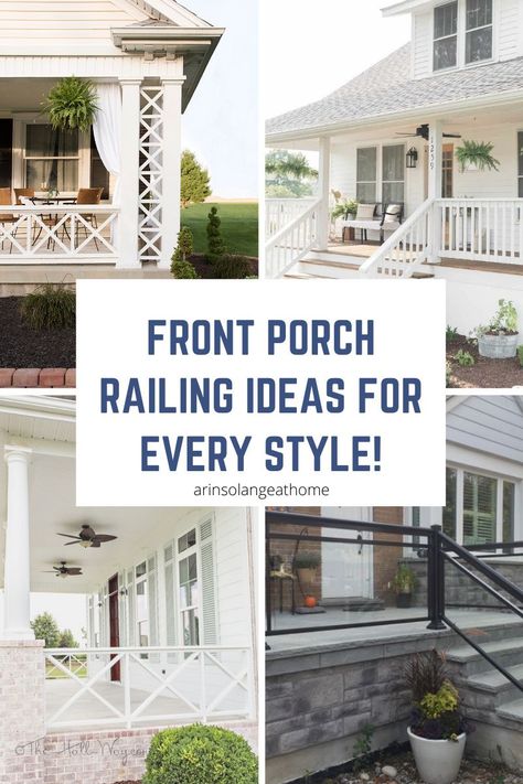 Porch Banister, Front Porch Railing Ideas, Cottages Modern, Porch Railing Ideas, Front Porch Stairs, Classic Modern Farmhouse, Porch Handrails, Front Porch Posts, Modern Front Porches