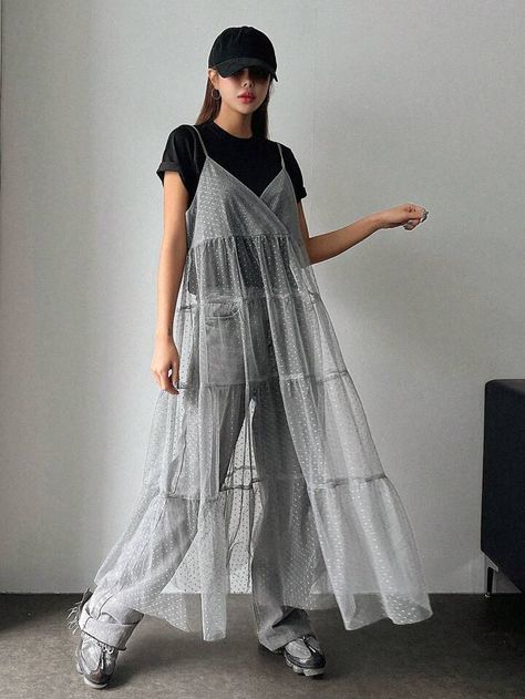 Grey Mesh Top Outfit, Mesh Dress Over Jeans, Mesh Dress Over Pants, Dress With Tshirt Over, Transparent Dresses Outfits, Mesh Dress Outfit Street Style, Sheer Dress Over Jeans, Camisole Dress Outfit, Sheer Dress Outfit