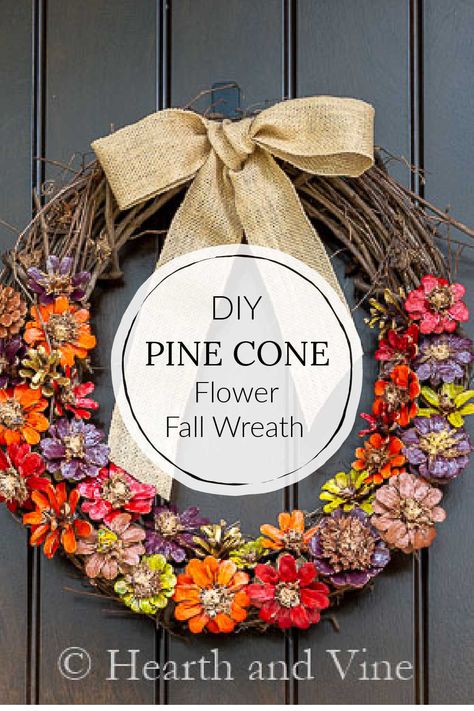 Pine cones cut into flower shapes are displayed in fall colors on a simple grapevine wreath for your fall decor. Fall Decor Pine Cones, Simple Grapevine Wreath, Pinecone Flower Wreath, Pine Cone Wreaths, Pinecone Ideas, Pine Cone Flower, Cone Ideas, Easy Diy Fall Crafts, Pine Cone Flower Wreath