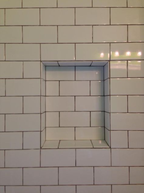 Nicely squared niche. Maybe a different color of tile for the interior for a pop? Subway Tile Shower Niche, Tile Shower Niche, Bathroom Niche, Recessed Shelves, Small Shower Remodel, Subway Tile Showers, Shower Recess, Shower Inserts, Shower Storage