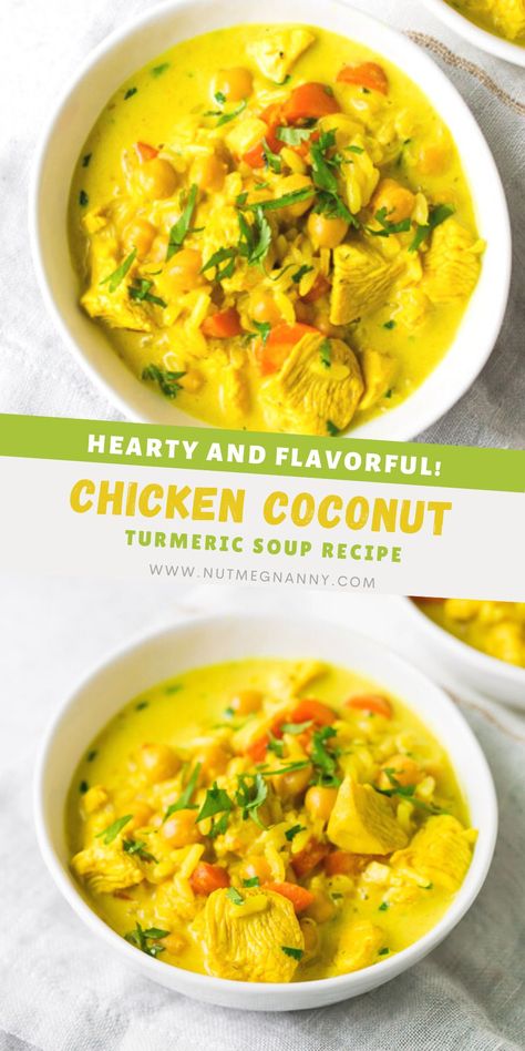 This chicken coconut milk turmeric soup is warm and cozy with creamy coconut milk, protein-packed chicken, and earthy garlic and turmeric. Chicken Tumeric Soup Coconut Milk, Chicken Soup With Turmeric, Chicken Coconut Milk Soup, Coconut Turmeric Chicken, Soups With Coconut Milk Recipes, Chicken Coconut Milk, Inflammatory Meals, Chicken Coconut Soup, Soup With Coconut Milk