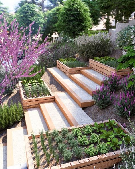 Yardzen 🌿 | It is most definitely garden szn 🌿⁠ That goes for all yards (even sloped ones!). We've seen every yard in the book and are always up for… | Instagram Vegetable Garden Design On A Slope, Sloping Lawn Ideas, Steep Side Yard Landscaping, Landscape Design On A Slope, Downhill Garden Ideas, Deck Over Hillside, Sloped Yard Deck, Terraced Garden Beds, How To Terrace A Sloped Yard