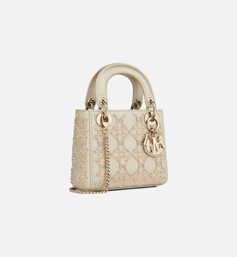 Mini Lady Dior Bag Platinum Metallic Cannage Lambskin with Beaded Embroidery | DIOR Lady Dior Mini, Mini Lady Dior, Lady Dior Handbag, Bag Women Fashion, Embroidery Bags, Dream Bags, Dior Handbags, Designer Pieces, Bag Collection