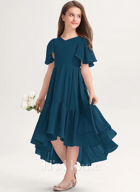 A-line V-Neck Asymmetrical Chiffon Junior Bridesmaid Dress (009217810) Party Frocks For Teenagers, Party Frock Design For Teenagers, Frocks For Teenager, Premiere Outfits, Ruffle Dress Casual, Frocks For Kids, Ruffle Dresses, Girls Ruffle Dress, Party Frocks