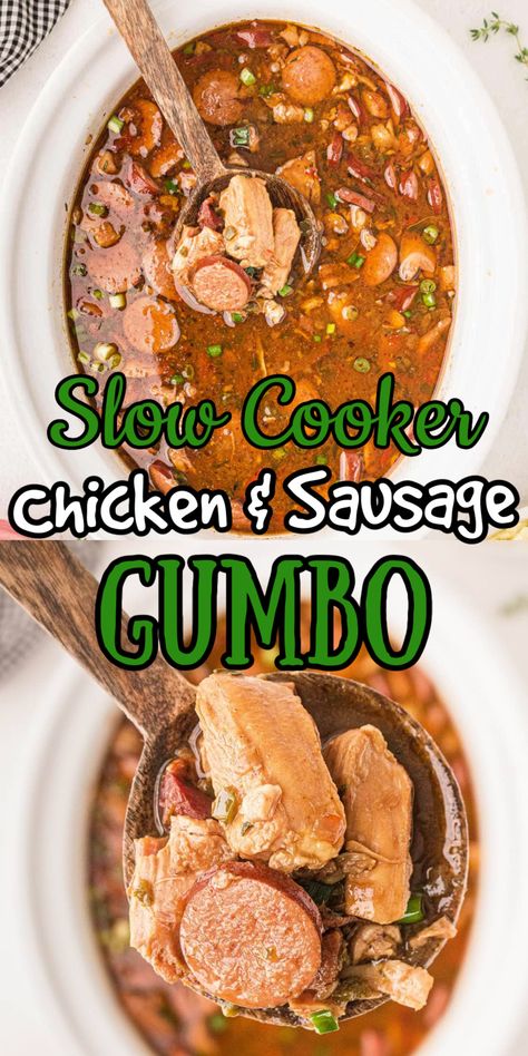 Collage of gumbo images. Top: Chicken and Sausage Gumbo in the slow cooker. Bottom: A serving of gumbo in a spoon. Chicken And Sausage Gumbo Recipe Crockpot, Sausage Gumbo Recipe Crock Pots, Crockpot Recipes Gumbo, Gumbo Crockpot Slow Cooker, Gumbo Recipe Easy Crock Pot, Mardi Gras Crockpot Recipes, Chicken Sausage Gumbo Crockpot, Crockpot Gumbo Recipe Slow Cooker, Louisiana Gumbo Recipe Authentic Chicken And Sausage