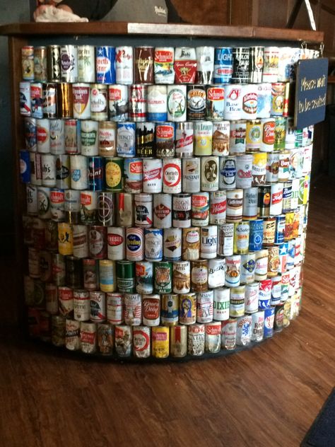 Decorating with your beer can collection. Bar ideas. Beer Can Collection Display Ideas, Diy Beer Cans Ideas, Old Beer Cans Ideas, Beer Can Projects, Beer Can Display Ideas, Beer Can Art Ideas, Beer Can Ideas, Beer Cans Crafts Ideas, Beer Can Crafts