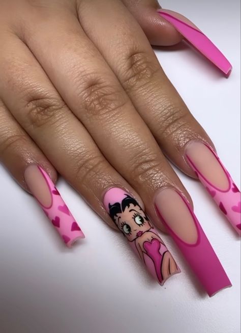 Cartoon Nail Designs, Disney Acrylic Nails, Retro Nails, Long Acrylic Nail Designs, Hard Nails, Vintage Nails, Nail Designs Valentines, Nails Design With Rhinestones, Colored Acrylic Nails