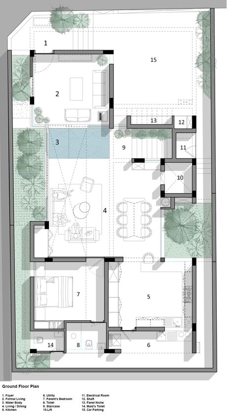 Ground Floor Plan of One Ground Home by Shanmugam Associates Plan For Villa Two Floor, Residence Plan Architecture, Ground Floor Elevation Design, Villa Layout, House Columns, Dual Occupancy, Duplex Floor Plans, Narrow House Designs, Luxury Floor Plans