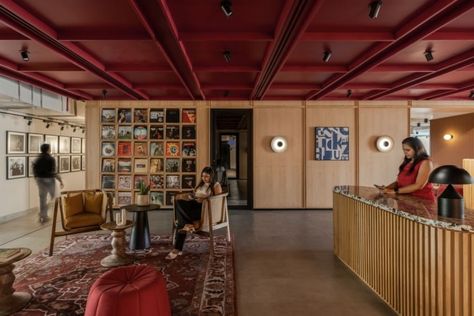 Sony Offices - Mumbai | Office Snapshots Music Office, Steelcase Office, Office Transformation, Student Lounge, Community Spaces, Acoustic Ceiling Panels, Work Cafe, Davis Furniture, Communal Table