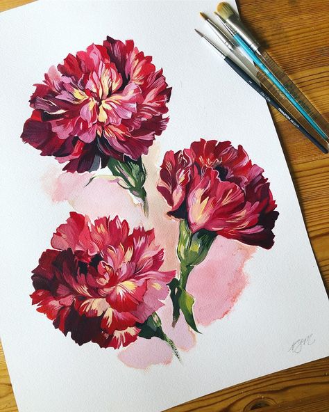 Finished this painting of some of the most unique carnations I’ve ever seen, an assortment of fiery reds and yellows on every petal. 😮  12… Painting Carnations Flower, Red Carnation Painting, Red Carnation Drawing, Carnation Flower Art, Art With Flowers Petals, Carnation Painting Acrylic, Carnation Flower Painting, Maroon Painting, Carnations Painting