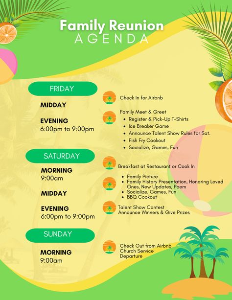 Hi 🌷 I've created this 3-Day Family Reunion Agenda to give a basic overview of a Reunion 🌷 I hope you have a Great Family Reunion 🌷 Family Reunion Weekend Ideas, Family Reunion Timeline, Family Reunion Itinerary Ideas, Family Reunion Schedule Of Events, Family Reunion Agenda Ideas, Di Family Reunion Theme, Family Reunion Themes Ideas, Family Reunion Checklist, Family Reunion Itinerary Template