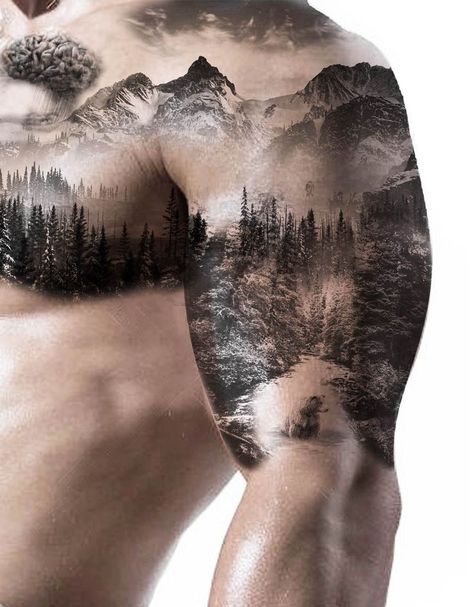 Nature Half Sleeve Tattoo Men, Mens Nature Tattoo Ideas, Nature Scene Tattoo Men, Upper Arm Forest Tattoo Men, Men Chest And Shoulder Tattoo, Forest Shoulder Tattoo Men, Landscape Chest Tattoo, Wilderness Chest Tattoo, Male Upper Arm Tattoos