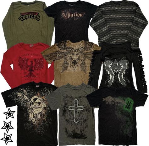 Sigilkore Clothes, Gothic Graphic Tees, Haunted Mound Outfits, Male Mcbling, Sigilkore Outfits, Sigilkore Outfit, Affliction Outfits, Grunge 2000s Fashion, Y2k Emo Outfits