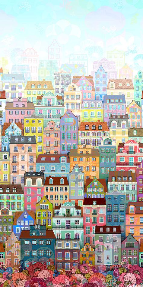 Happy Place - Village Border - Pastel - DIGITAL PRINT Colorful Houses, Building Illustration, Salou, Digital Print Fabric, Cute Patterns Wallpaper, Robert Kaufman, Cute Wallpaper Backgrounds, Square Quilt, Quilt Ideas