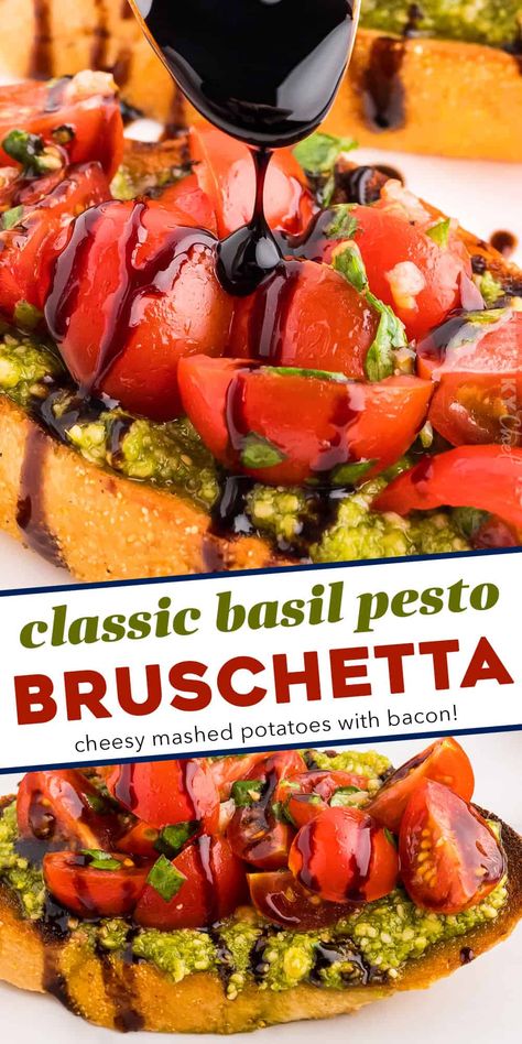 Bruschetta Recipe With Pesto, Appetizers With Pesto, Bruschetta Appetizers, Baguette Recipes, Bruchetta Appetizers, Pesto Bruschetta, Pesto Appetizers, Bruschetta Recipes, Tomato Bruschetta Recipe