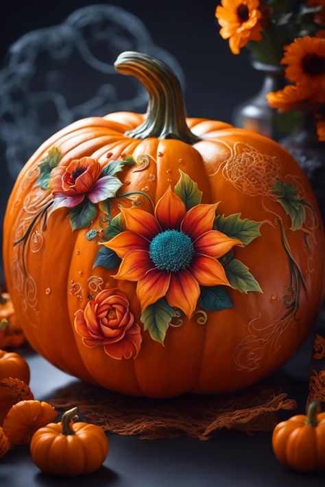 Decorated Pumpkins With Flowers, Pumpkin Flower Painting Ideas, Floral Pumpkin Painting Ideas, Sunflower Painted Pumpkin, Pumpkin With Flowers Painting, Diy Painted Pumpkins, Floral Decoupage Pumpkin, Pumpkins Painting, Candy Photoshoot