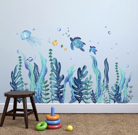 Amazon.com: 5 Sheets 3D Under The Sea Seaweed Wall Decals Sea Turtles Wall Stickers Ocean Grass Jellyfish Fish Removable Vinyl Wall Sticker for Kids Baby Bedroom Bathroom Living Room Wall Decoration : Baby Sea Murals, Ocean Mural, Animal Wall Decals, Wall Stickers Bedroom, Hur Man Målar, Wall Stickers Kids, Sea Wall, Vinyl Wall Stickers, Ocean Themes